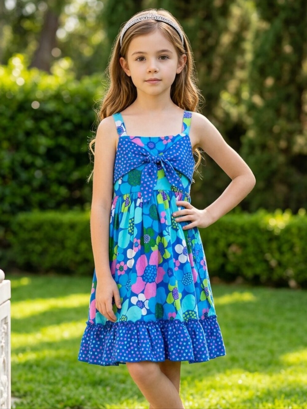 Youngland Floral Sundress Girls 4T Blue Pinup Dress Polka Dot Twist Front Summer